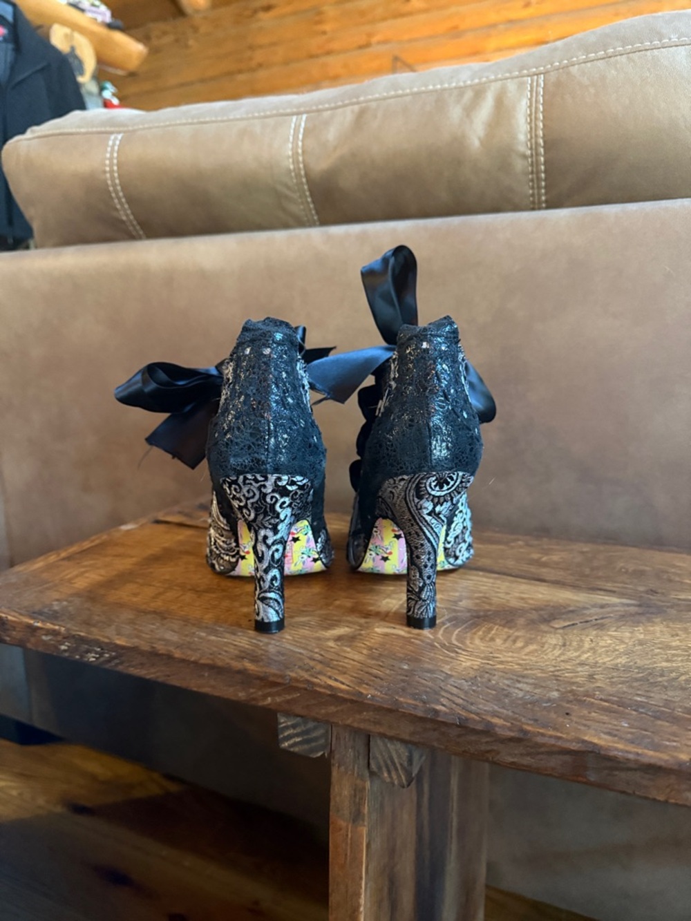 Irregular Choice Black Brocade Heeled Boots with Teal Lining - Picture 4 of 7